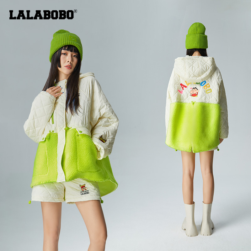 武汉【不退不换】LALABOBO蜡笔小新拼接绿色宽松连帽外套棉服