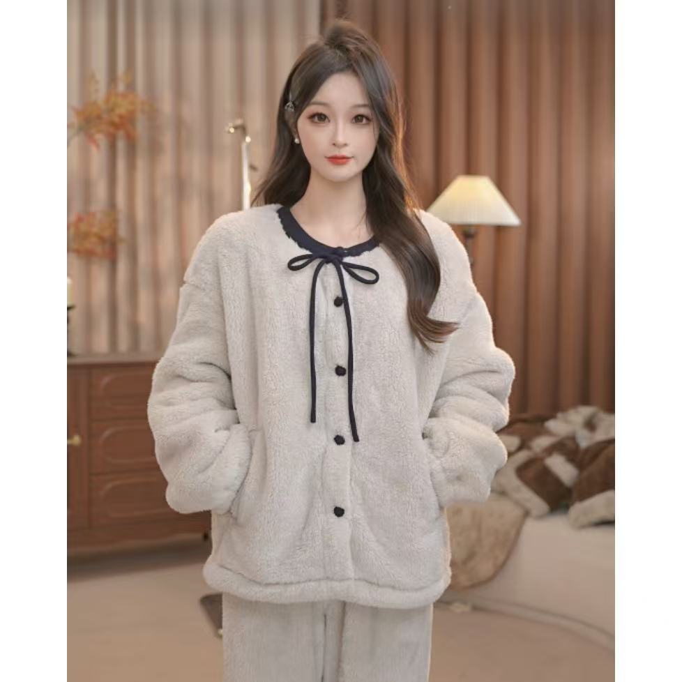 【极简主义-灰】冬季小香风加厚热力绒绒保暖睡衣家居服套装女