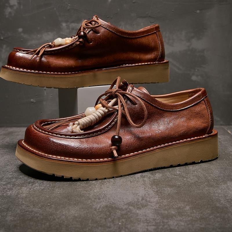 2025春夏季马皮鞋透气复古袋鼠鞋男日系方头厚底休闲鞋真皮工装鞋