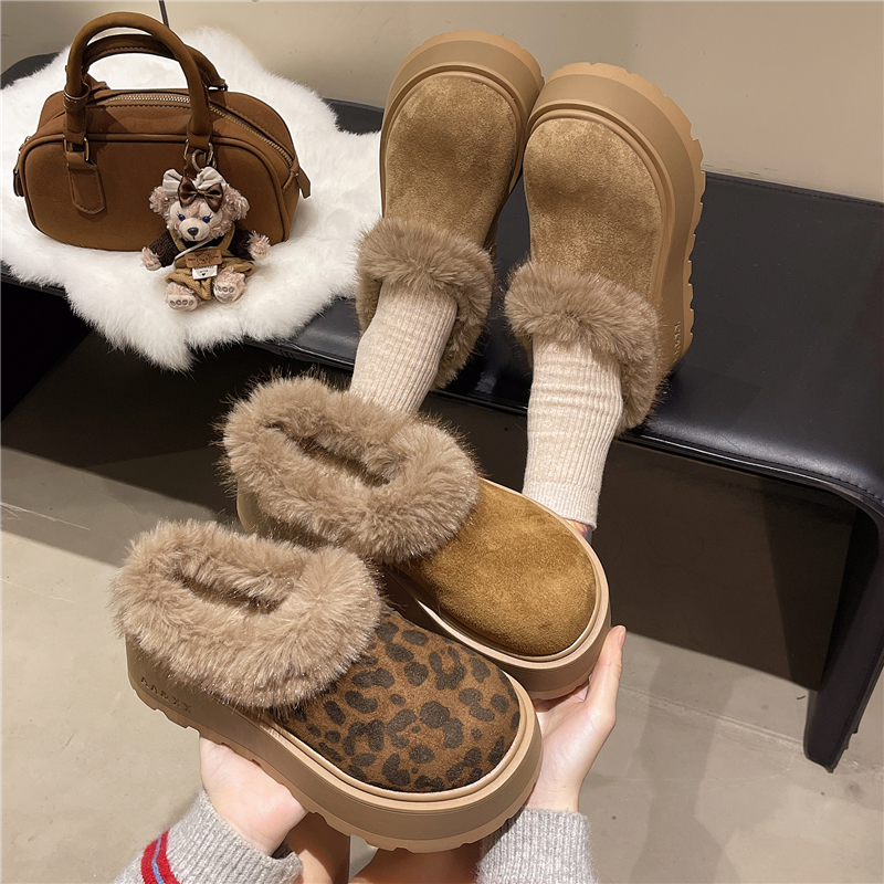 秋冬季韩版磨砂皮百搭防水台六公分包头拖纯色厚底加绒加厚保暖