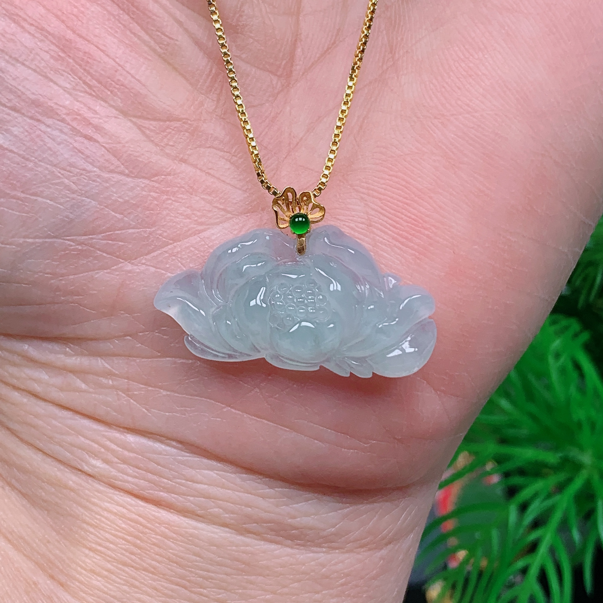 缅甸天然翡翠A货 18k金镶冰润莲花吊坠29/1229尺寸14.4x28x5.8