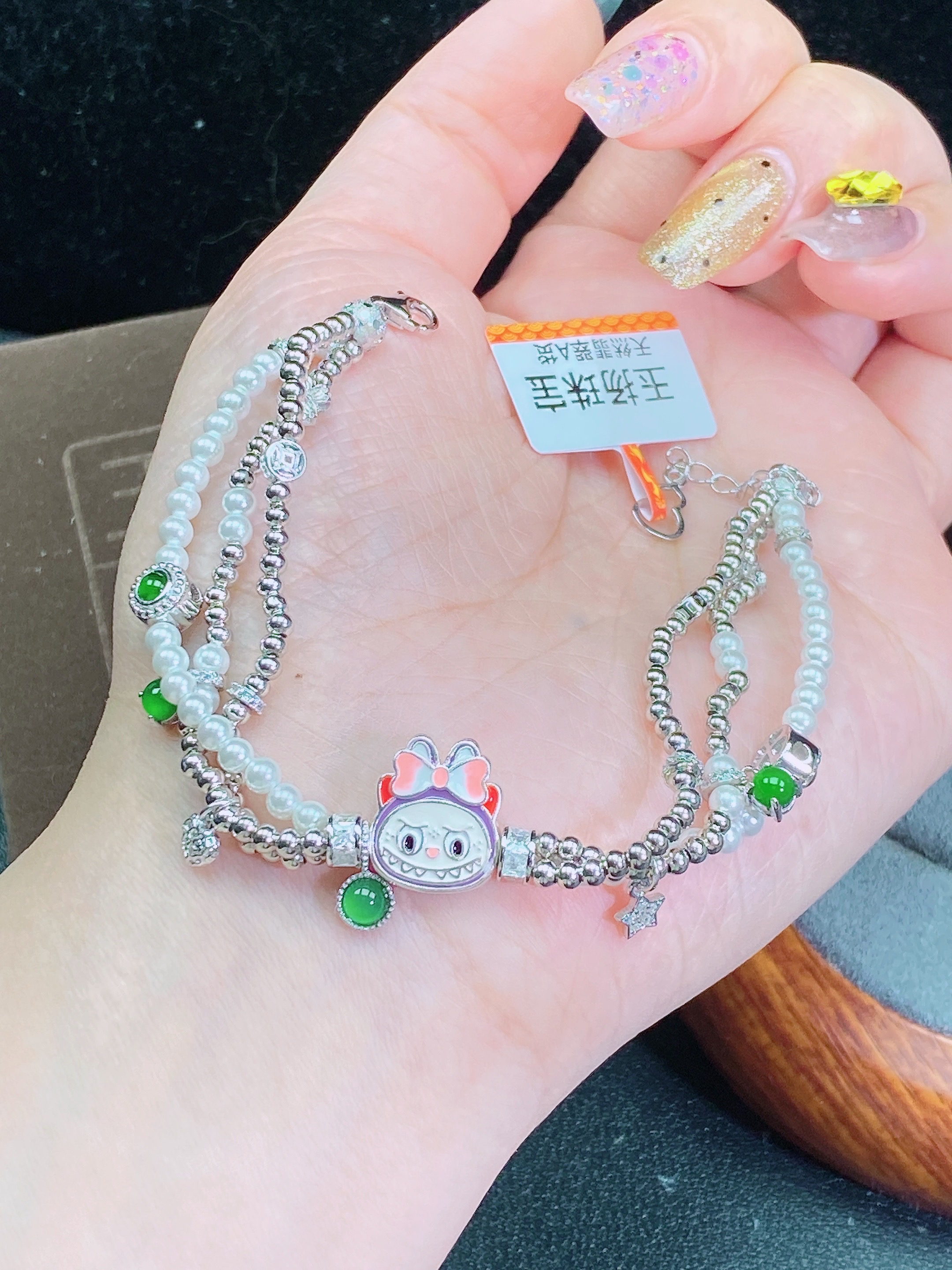 天然翡翠A货labubu精致设计款手链通体S925银镶嵌