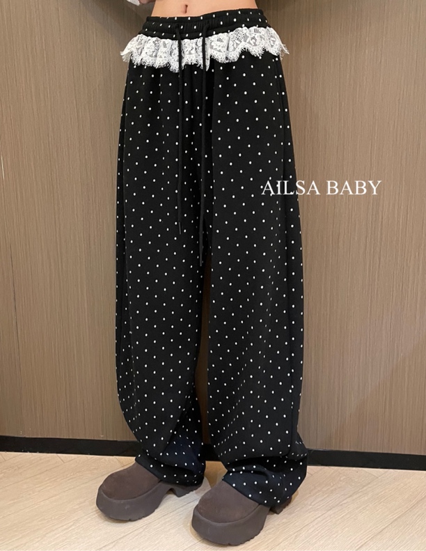【AILSA BABY】（加超厚绒）欧货腰部蕾丝加绒点点调性弯刀裤/20803A