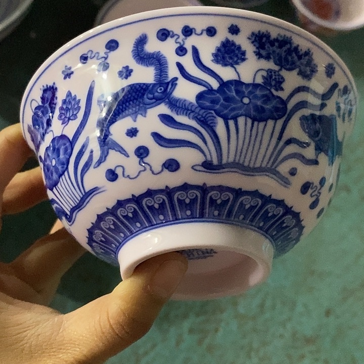 摆件陶5寸红稀土青花鱼澡碗