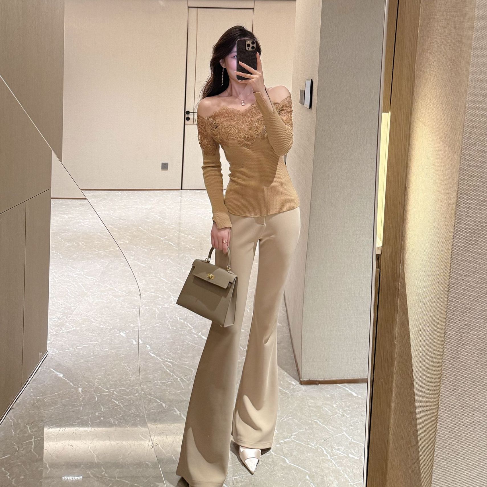 FAFA STUDIO卡其色高腰微喇裤显瘦气质休闲裤微扩针织法式百搭女