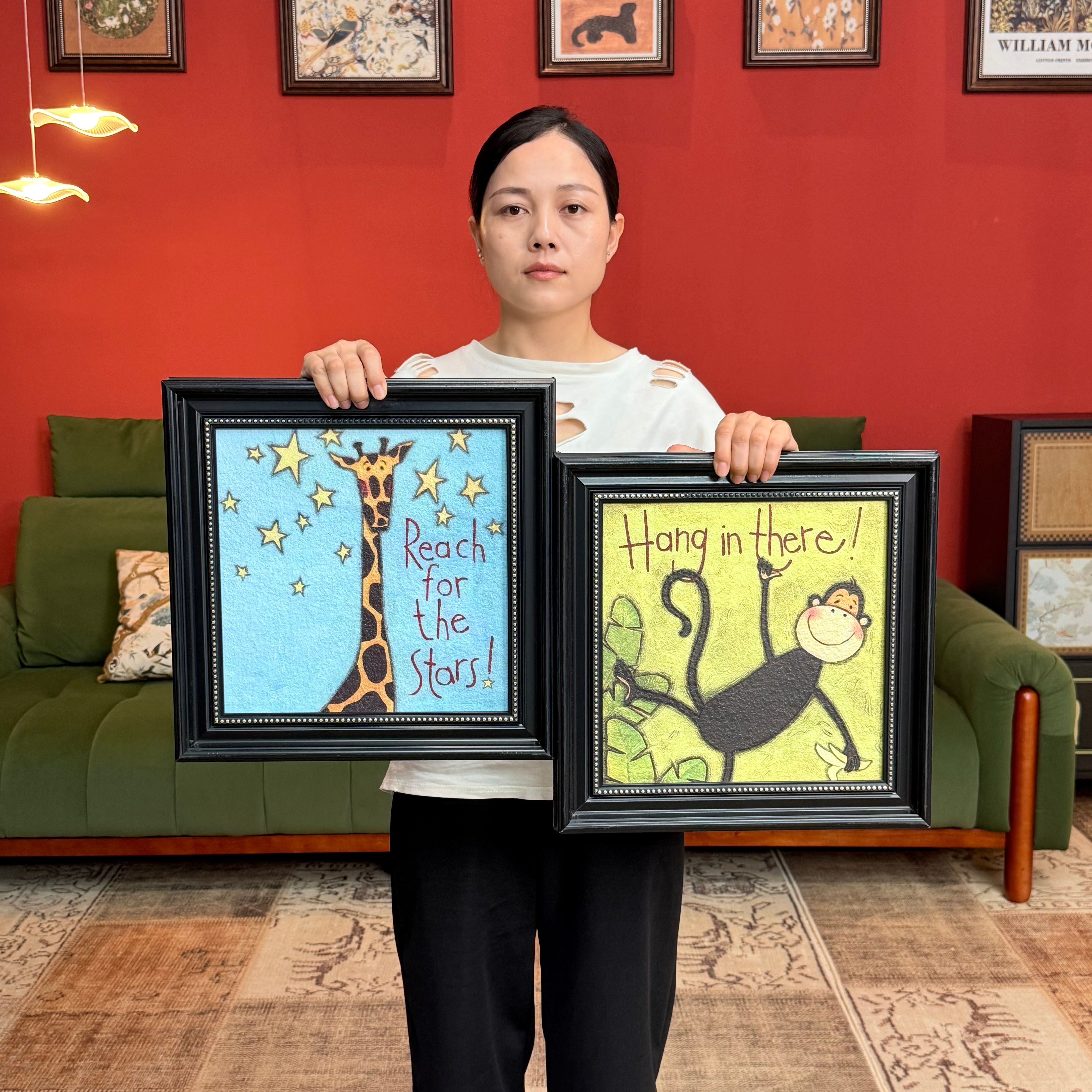 网红现代美式百搭儿童房卧室装饰画挂画S005卡通猴鹿二联砂岩画44