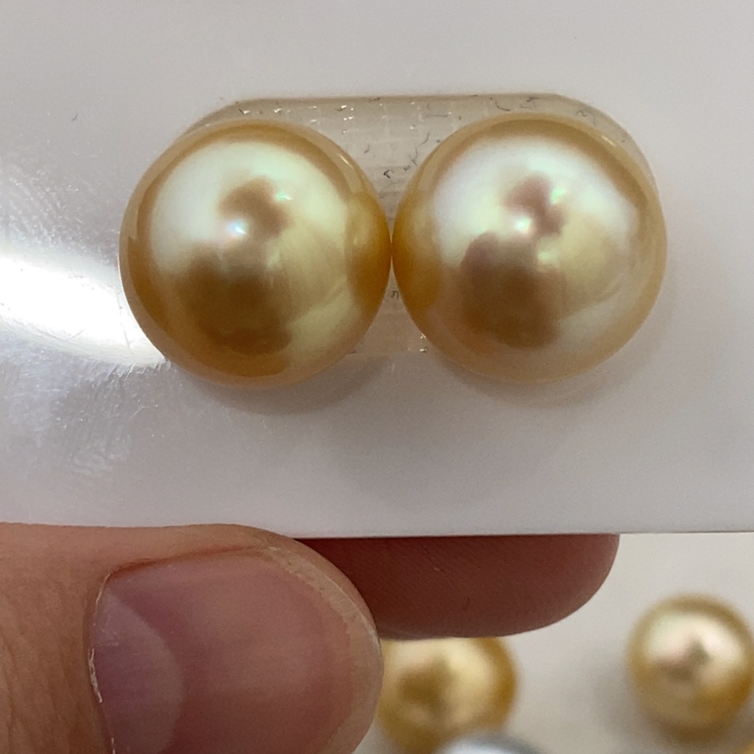 海水珍珠裸珠金珠炫绿彩光对珠14.2