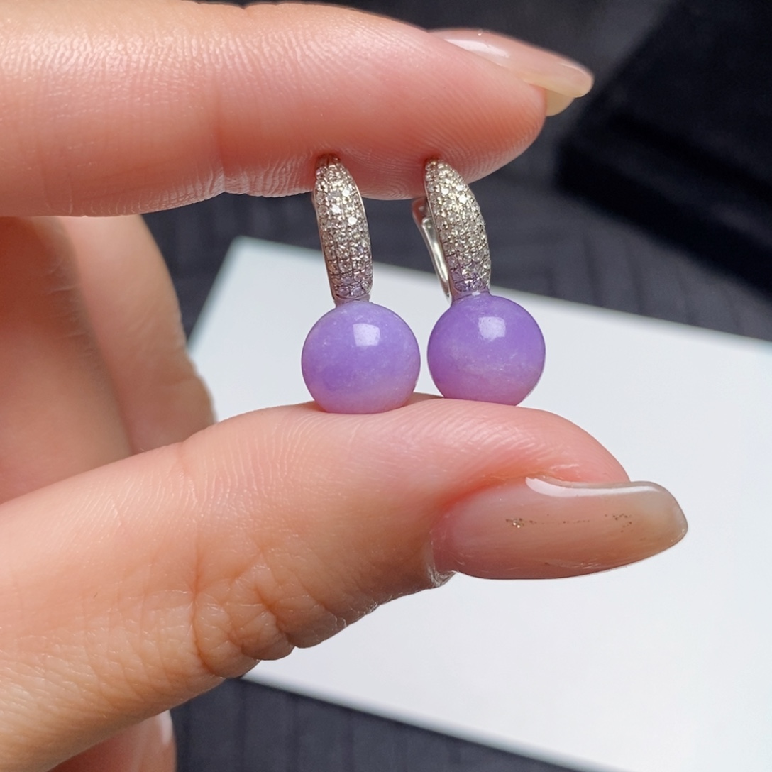 翡翠18K金镶嵌耳饰紫珠珠（8.2mm）