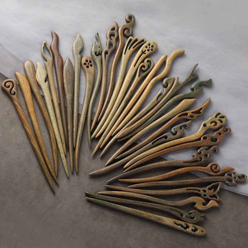 绿檀发簪古风简约现代木钗日常盘发汉服饰品MFZ02绿檀B景德镇产多