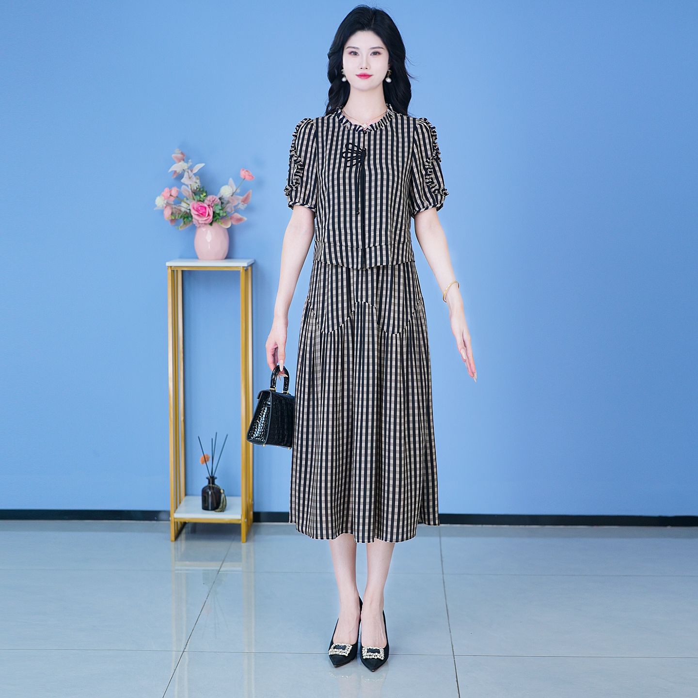 【SJYH1208】2025年夏季新款连衣裙中长款气质收腰印花修身女装