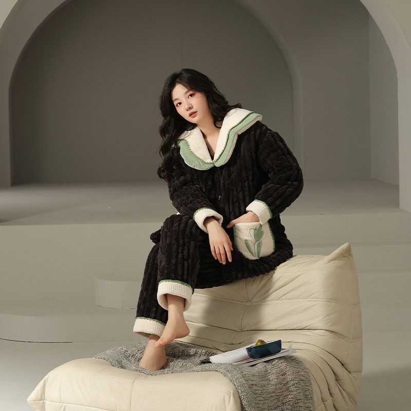 纯禧冬季熊猫绒提花女款夹棉保暖加厚加绒开衫翻领家居服套装