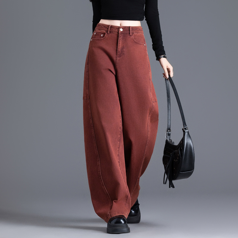 复古红色牛仔裤女2025炸街潮款裤子女士新款美式宽松秋冬季弯刀裤