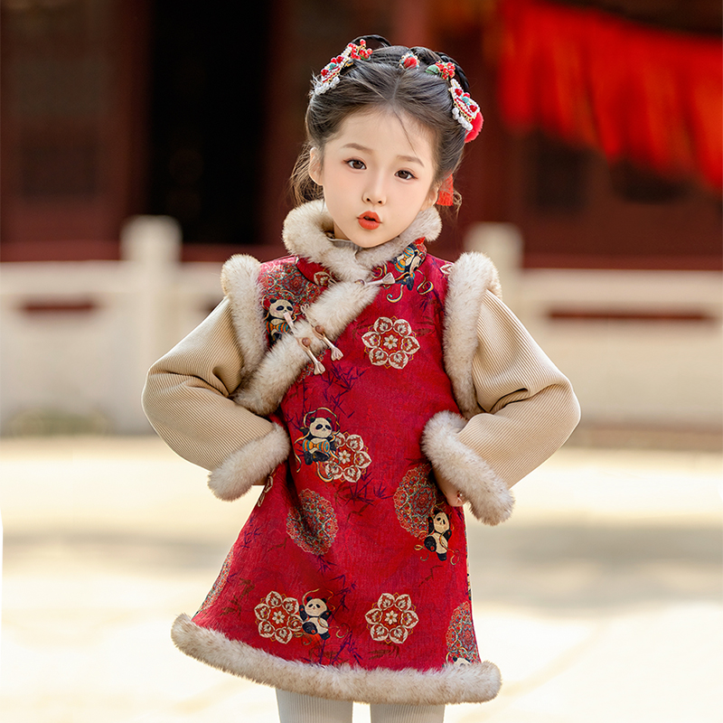 女童新中式加绒旗袍秋冬宝宝唐装马甲裙拜年服毛衣汉服背心裙套装