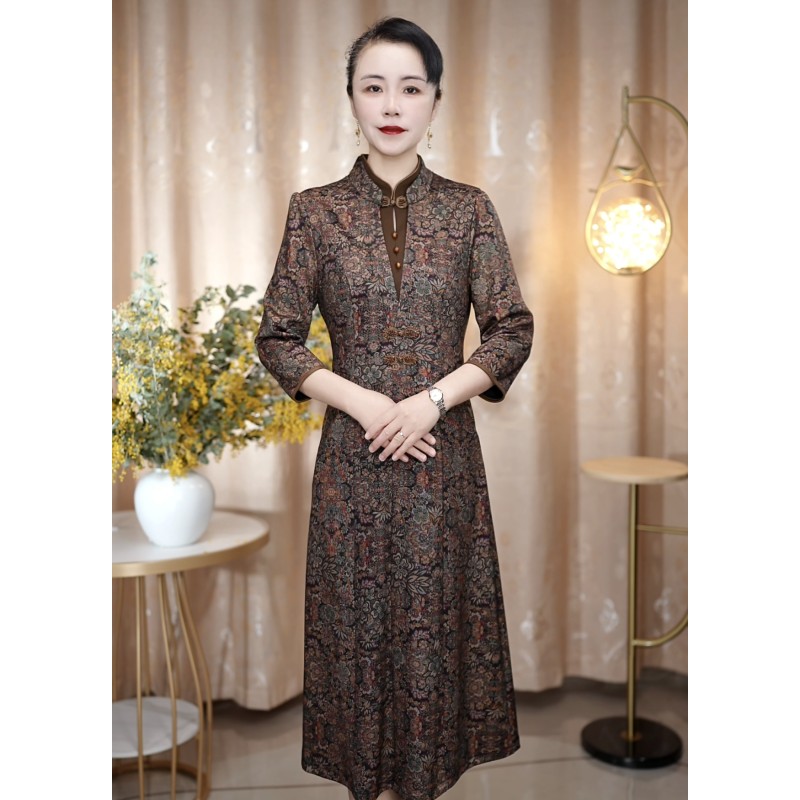 （咖花*V领7分袖）2025春季新品裙子女装连衣裙中国风民国风