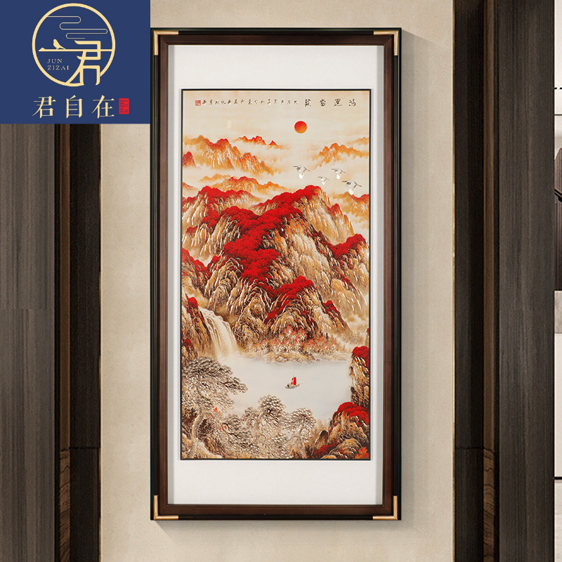 君自在《鸿运当头》高端正对门新中式进门生财手工铜雕挂画千里江山