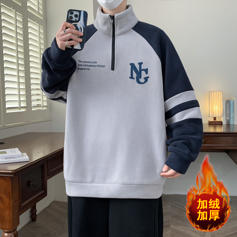 男士冬季保暖上衣服加绒加厚套头ins青少年初高中学生奥利绒卫衣