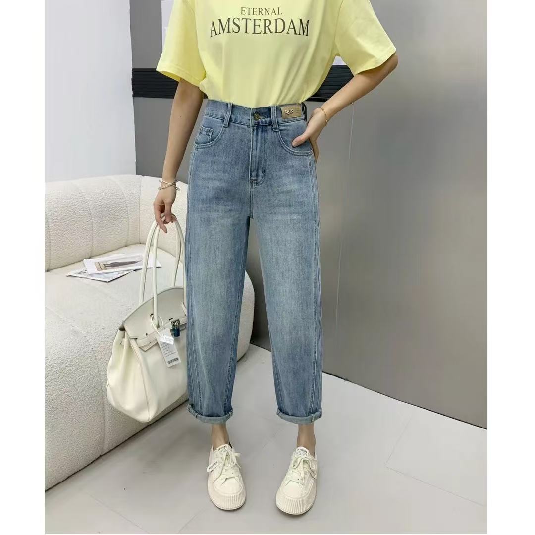 老爹裤蓝色高腰都市风薄款阔腿常规牛仔裤显瘦高弹