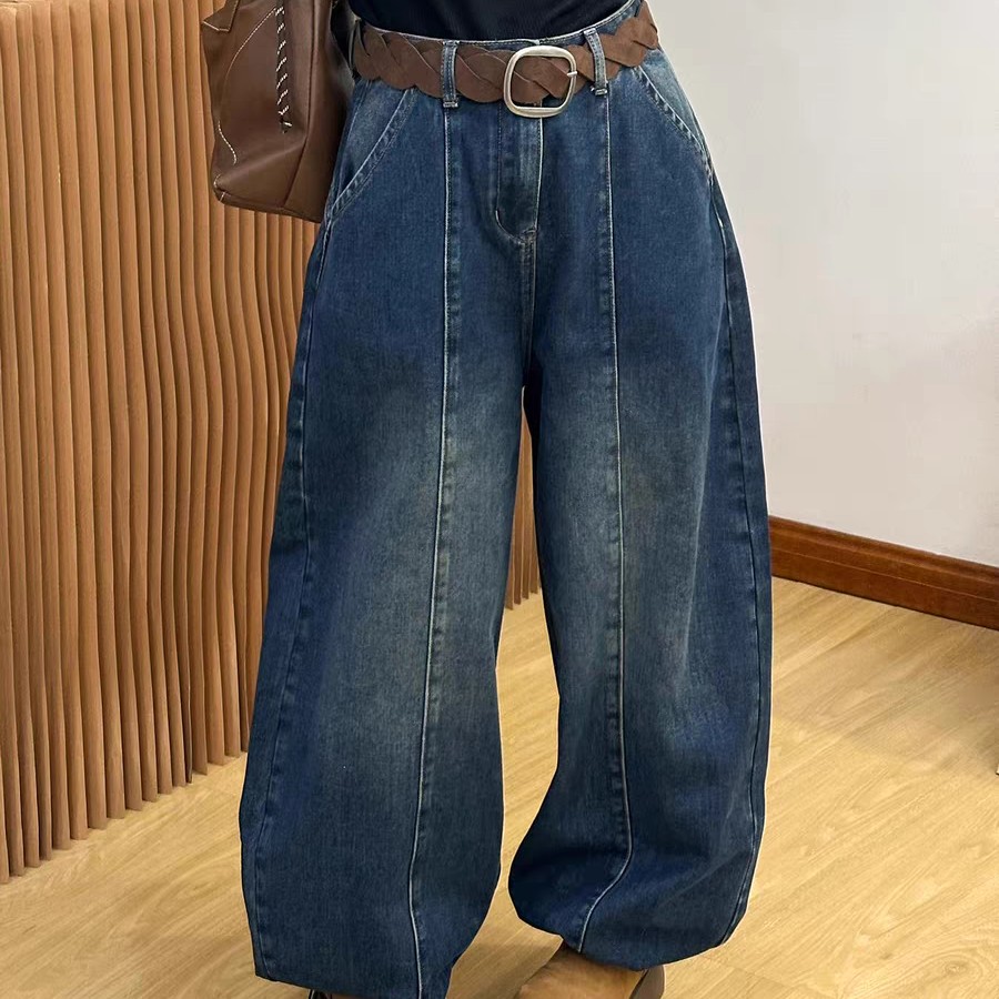 《好兮好》冬季欧货加厚加绒设计感宽松显瘦休闲弯刀牛仔裤66327