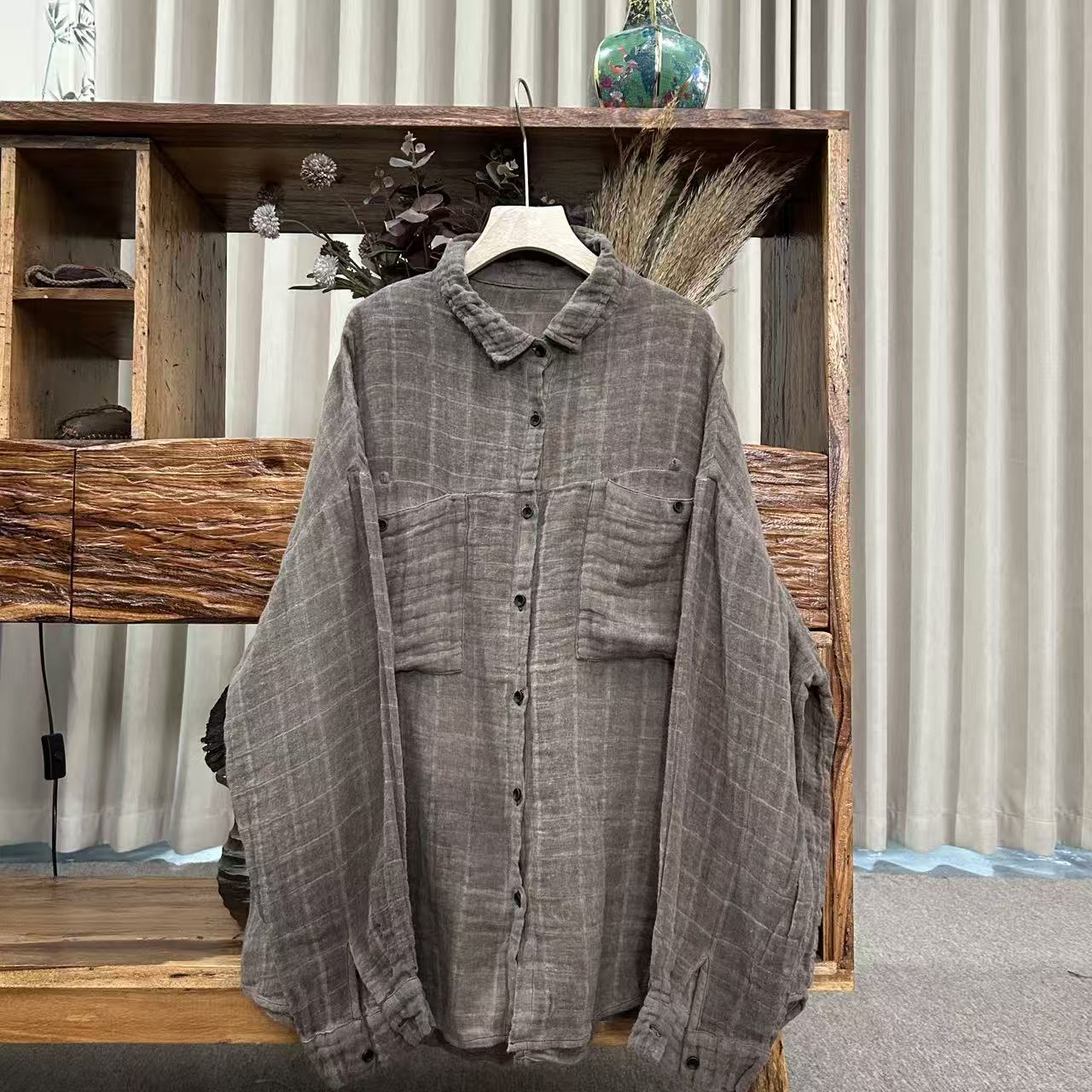 花璟与麻原创设计款纯色简约翻领衬衫（衣长75胸围140)