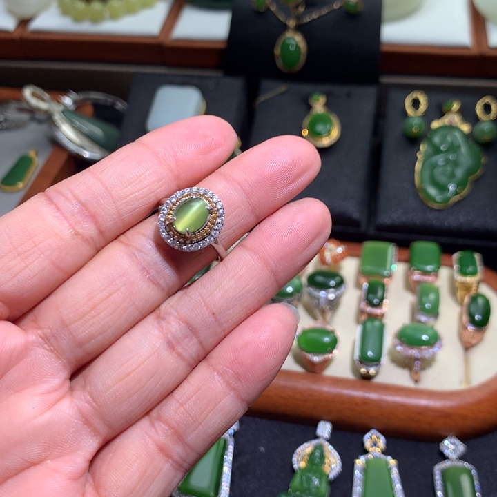 和田玉戒指银S925镶嵌锦*