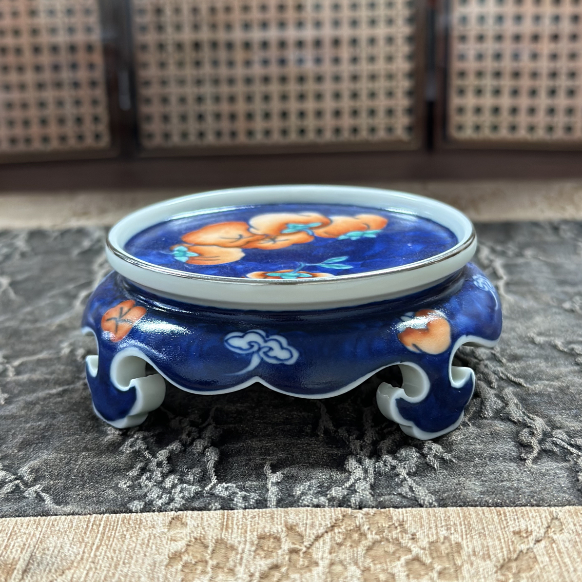 【雨溪山房】枢府釉手工手绘柿柿青蓝镂空雕刻盖置