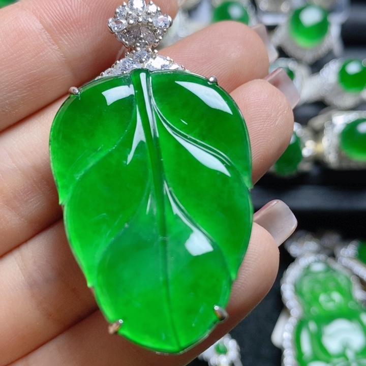 翡翠挂件银S925镶嵌叶子