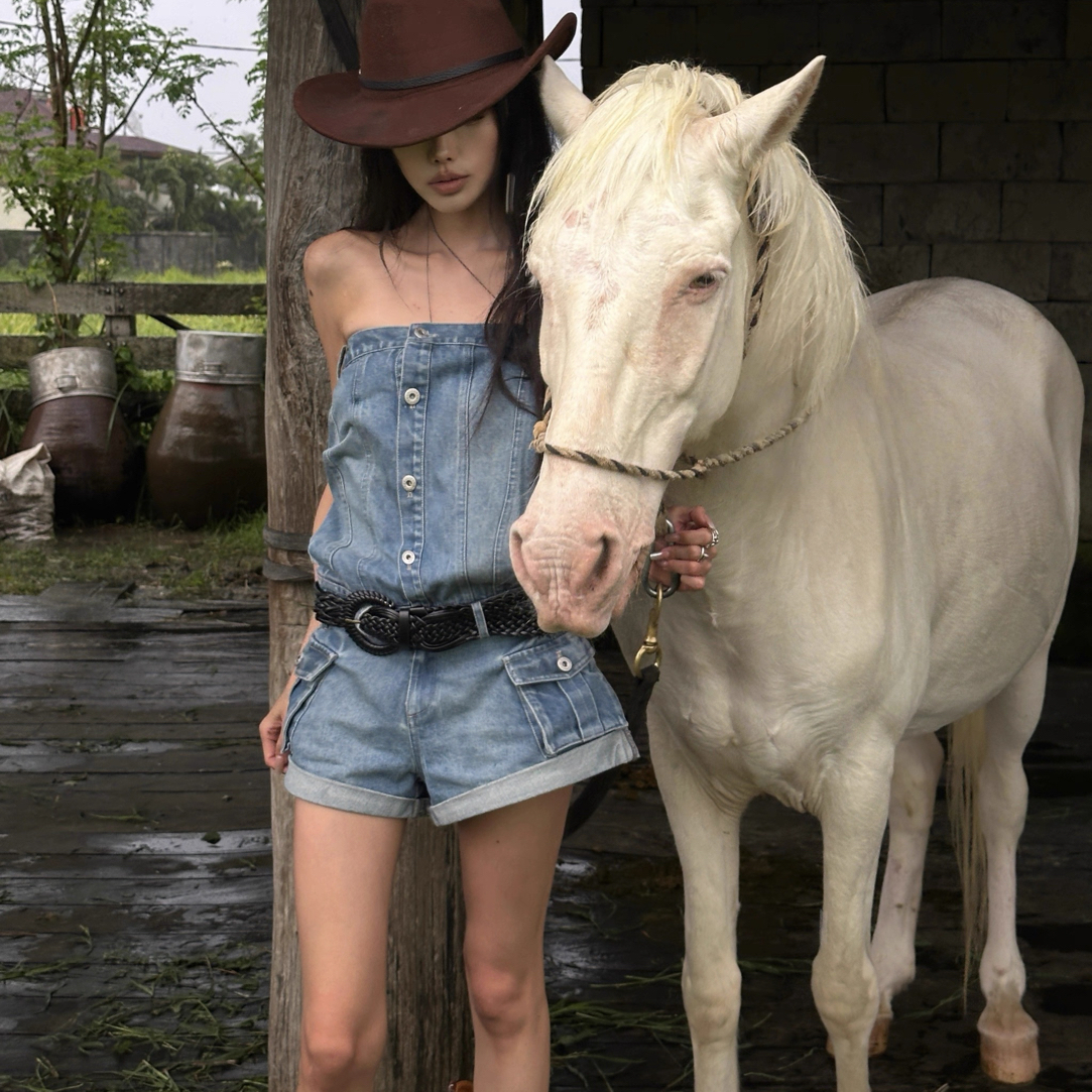 【有瑕疵 刺绣等 介意勿拍】工装牛仔连体短裤