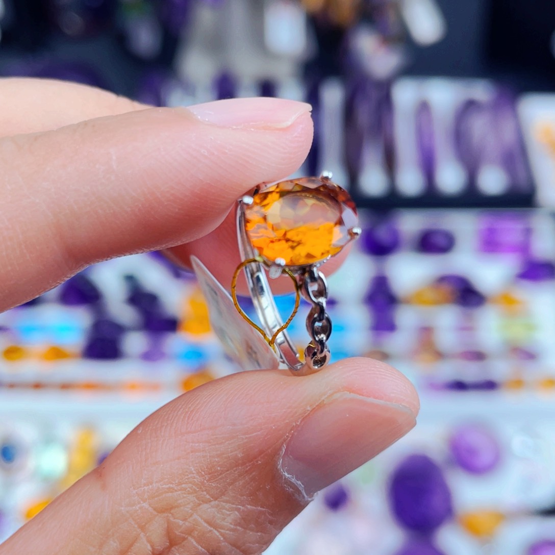 水晶工厂精品定制天然黄水晶戒指银S925镶嵌