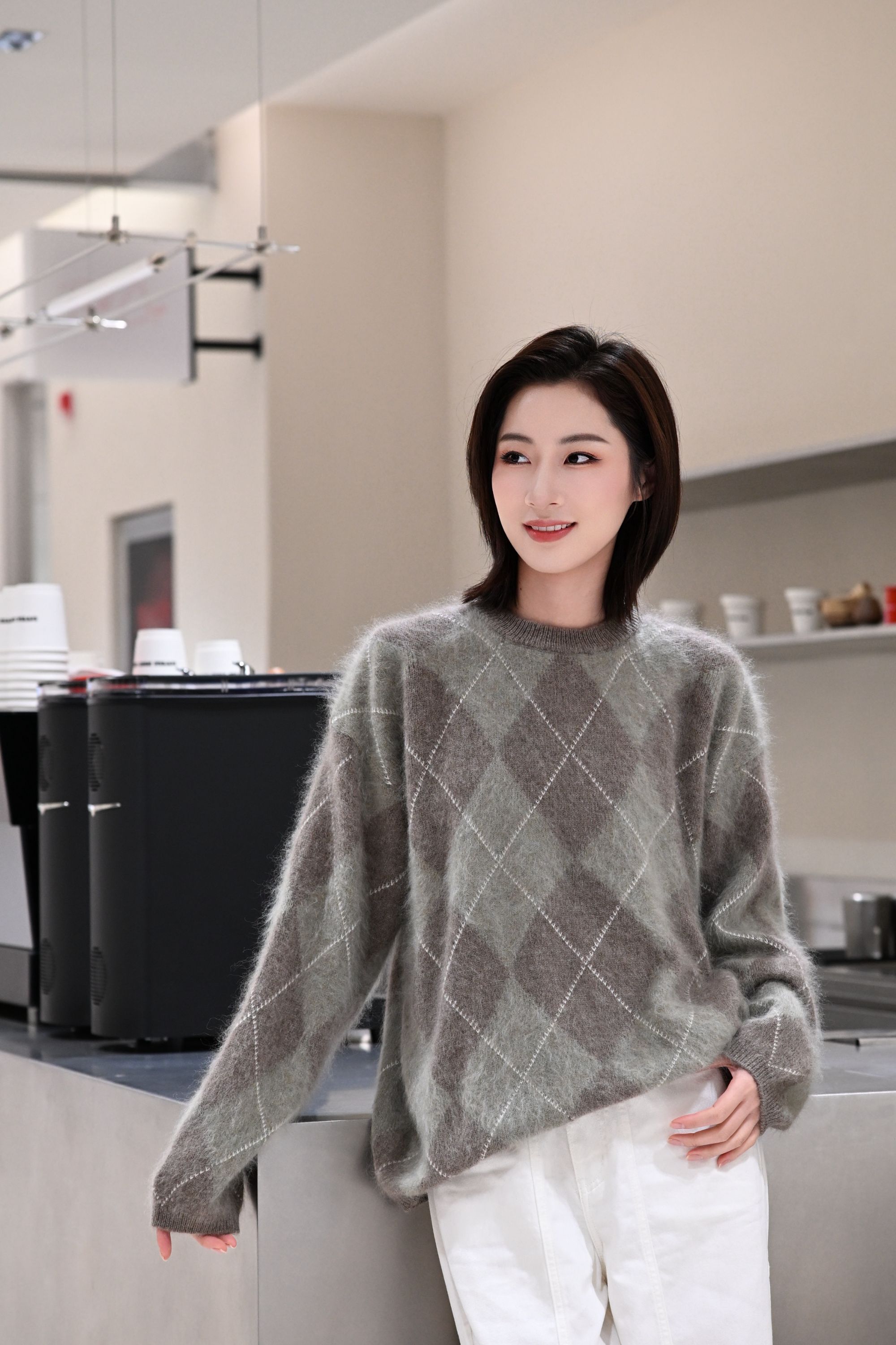 【木槿时光】落肩袖圆领菱形格厚款加厚羊绒衫宽松165-YL056