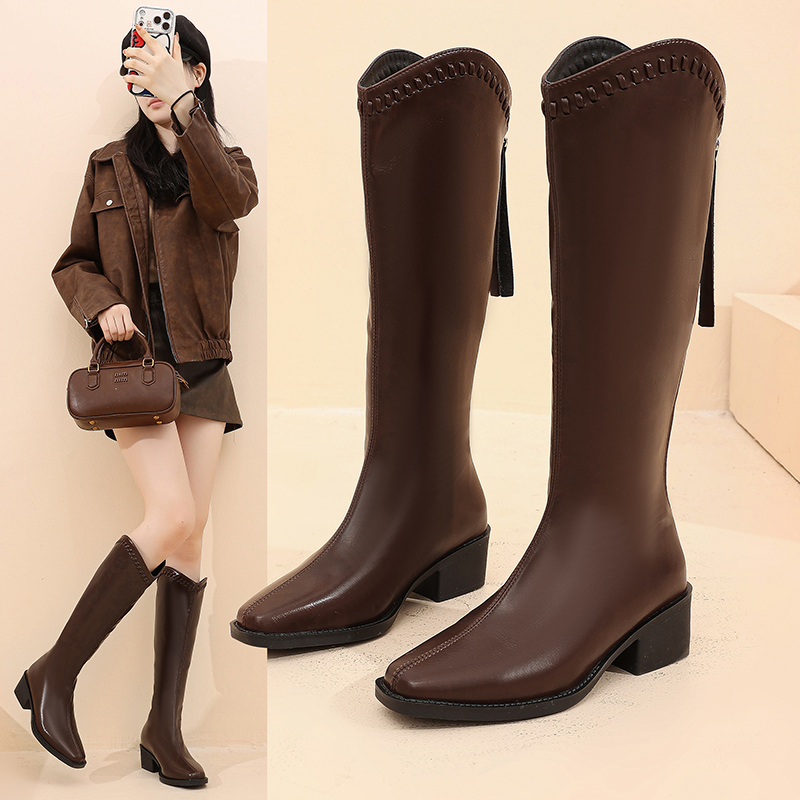 《4厘米跟》韩系方头瘦瘦靴骑士小方头高筒靴短靴时装靴女士时尚