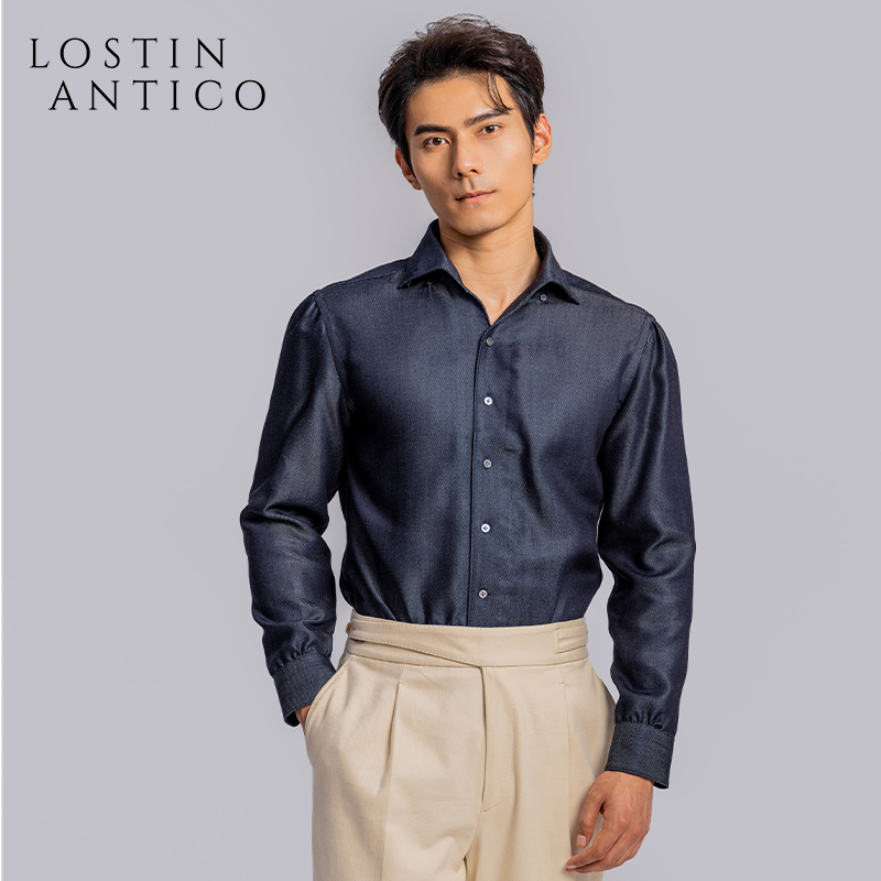 那不勒斯意式一片领牛仔蓝男高级感松弛感宽松休闲瀑布袖长袖衬衫