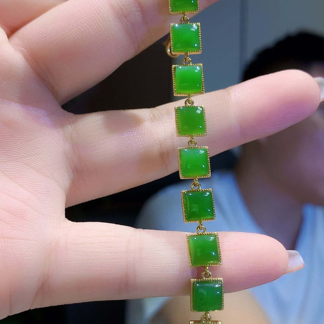 手链银S925镀金镶嵌和田玉（碧玉）