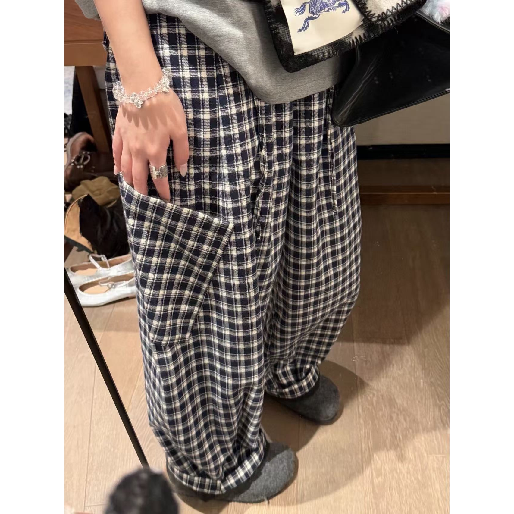 SP慵懒风大口袋格子裤女秋季格纹高腰显瘦宽松垂感休闲裤子内加绒