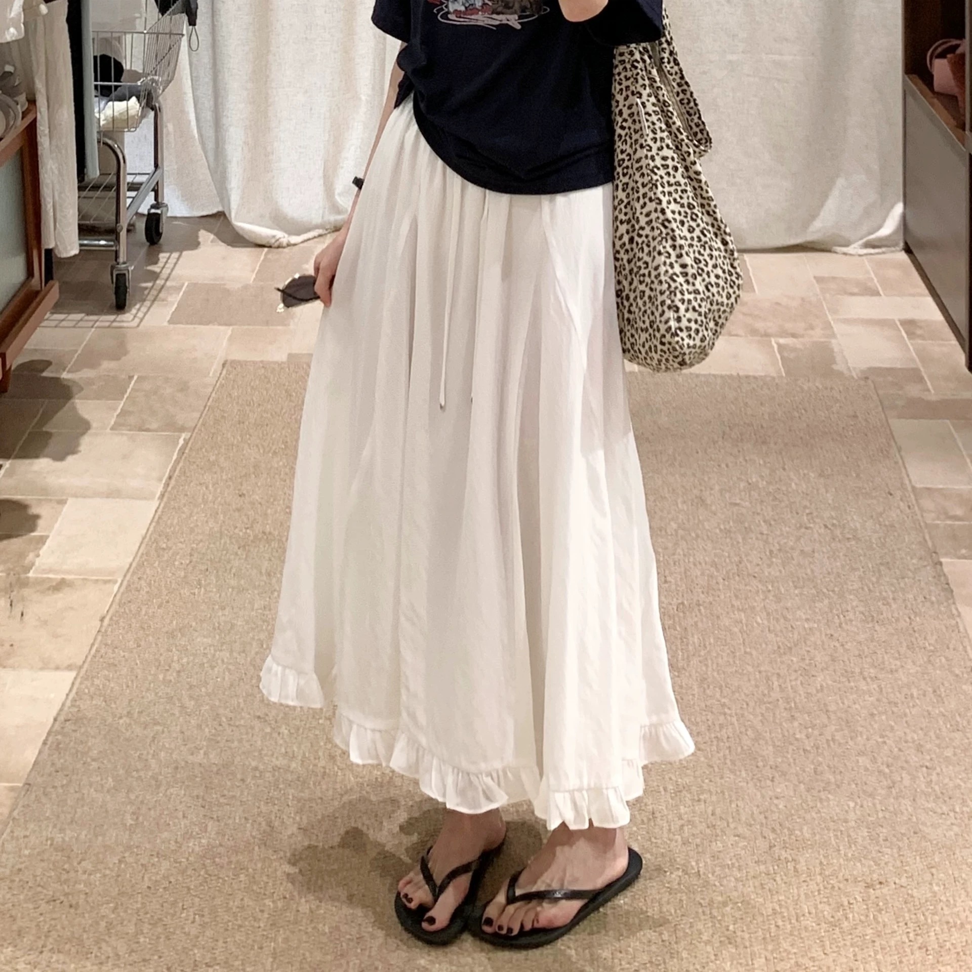 “”白色木耳边裙“”半身裙女显瘦时尚中长款A字裙