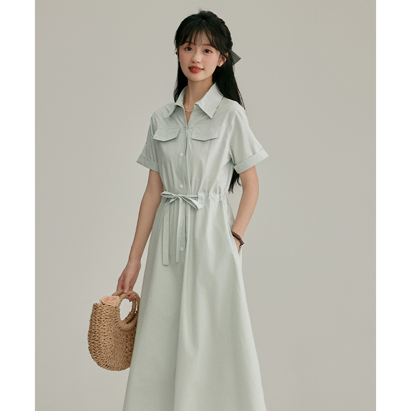 三寸藕【现货清仓款】法式高级设计POLO领收腰衬衫连衣通勤面试787