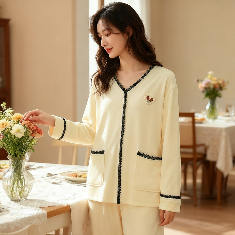 【爱心绣花款】双面海岛绒2025新款睡衣女家居服套装休闲长袖亲肤