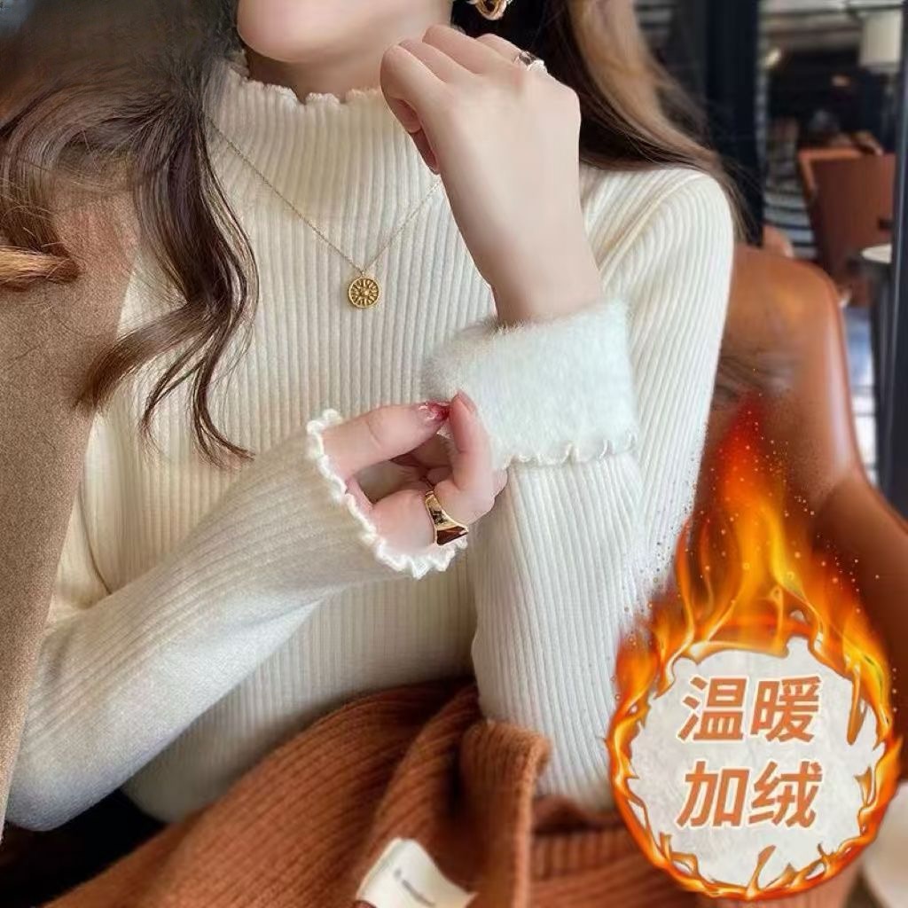 打底衫女加绒加厚一体绒打底衫女木耳边半高领毛衣秋冬季上衣