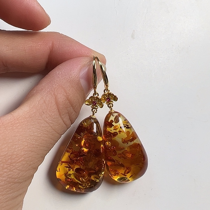 琥珀（花珀）耳饰银S925镶嵌