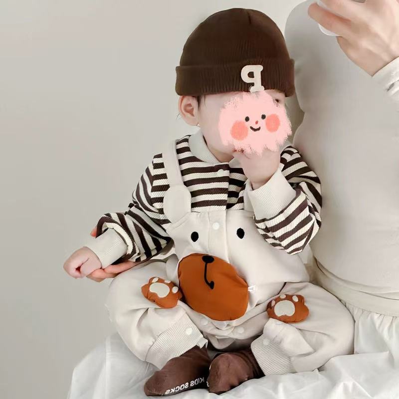 春秋新款条纹拼接熊脸假背带双层宝宝衣服婴幼儿衣服童装儿童衣服