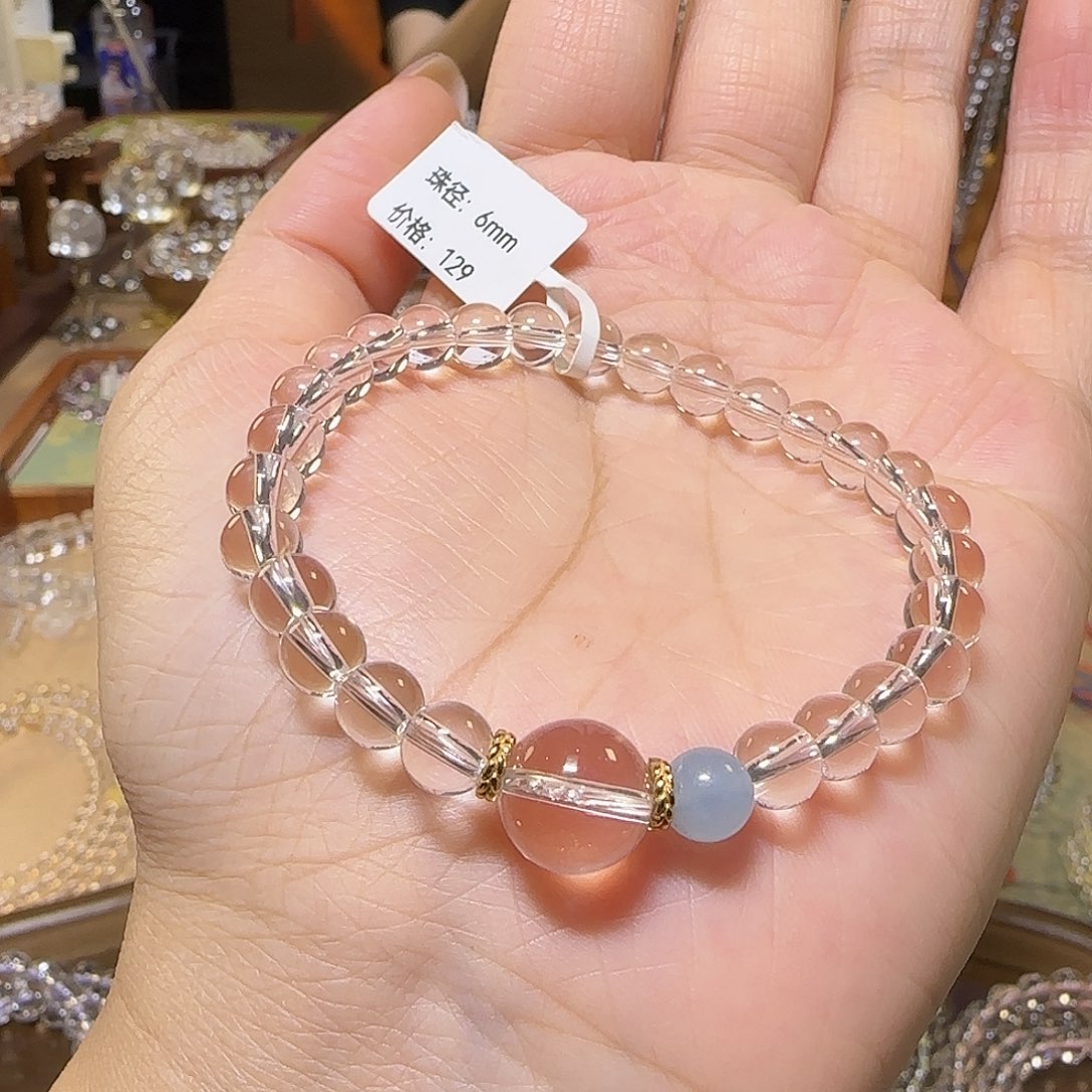 甜****水晶手串未镶嵌天然白水晶全净体单圈