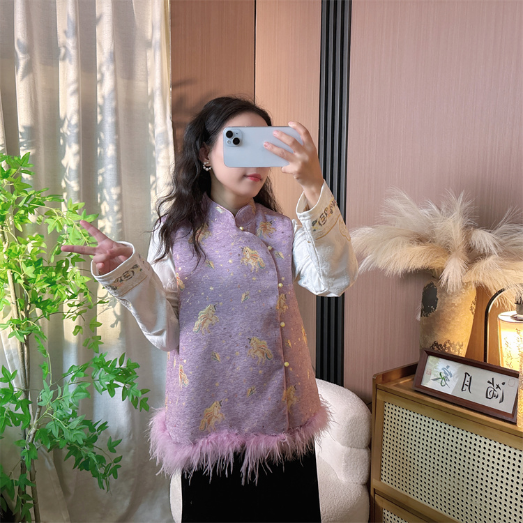 【彩虹马】新中式冬季植绒鸵鸟毛可拆卸夹棉加厚马甲