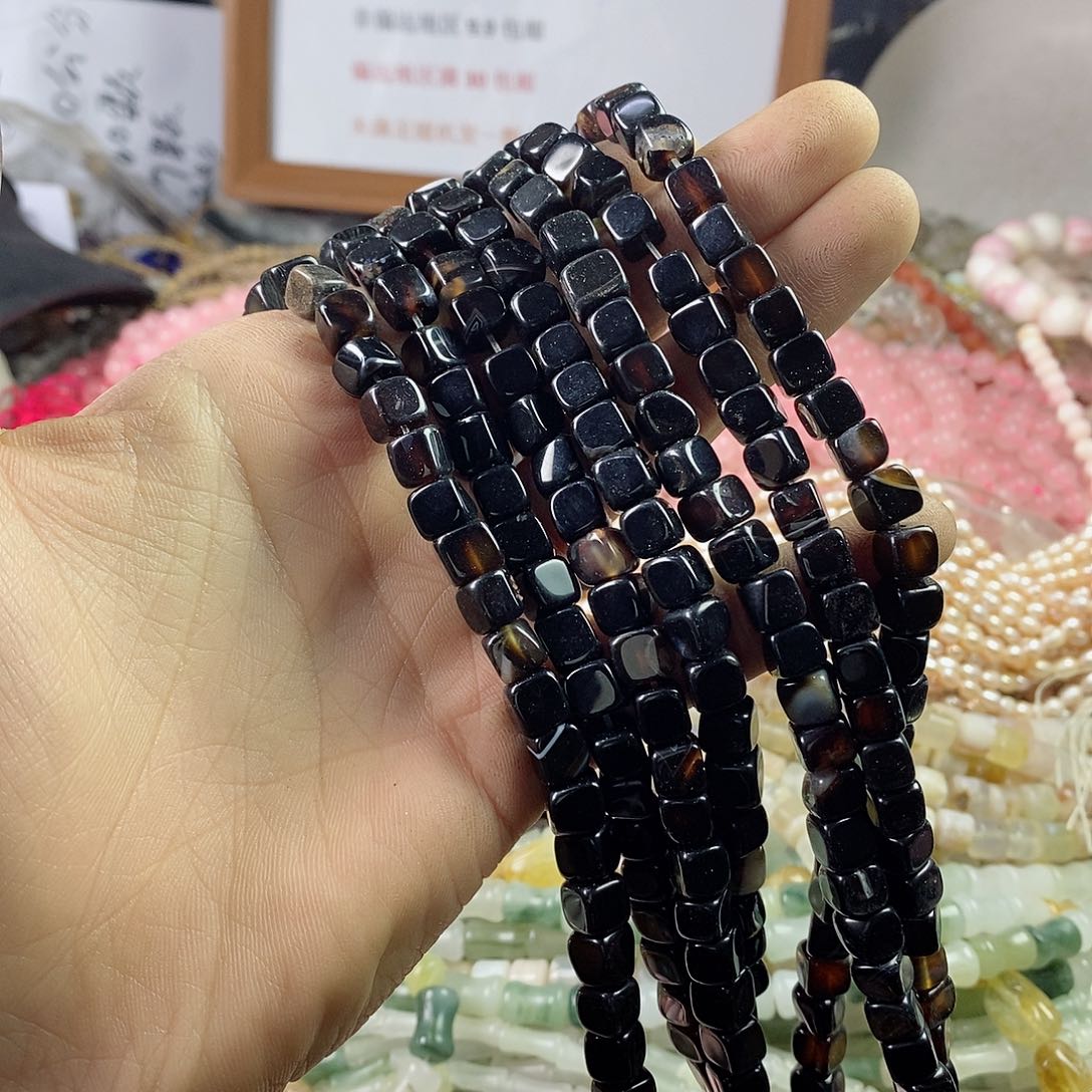 玛瑙/玉髓珠宝半成品合金一条天然7mm黑玛瑙方糖微瑕