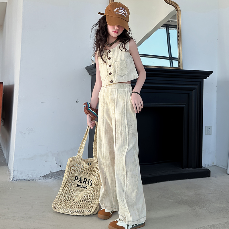 2025炸街女童夏日套装新款女孩大童酷飒风夏季阔腿裤两件套高级感