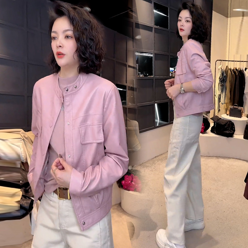 立领皮衣外套女2025春季新款休闲时尚洋气百搭显瘦高级感夹克上衣