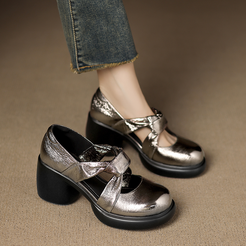 羊皮/8cm/单鞋女鞋中跟方头白色玛丽珍鞋浅口圆头复古纯色粗跟