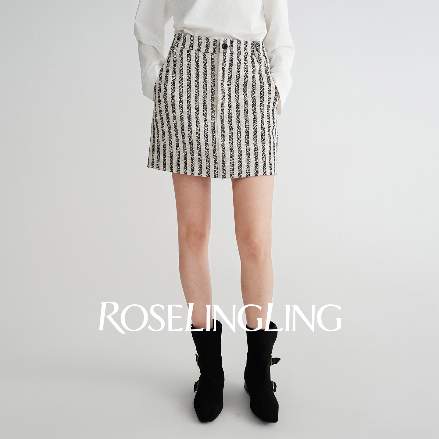 ROSELINGLING精致主旋律OFFICELADY重工定制粗花呢小香风条纹半裙
