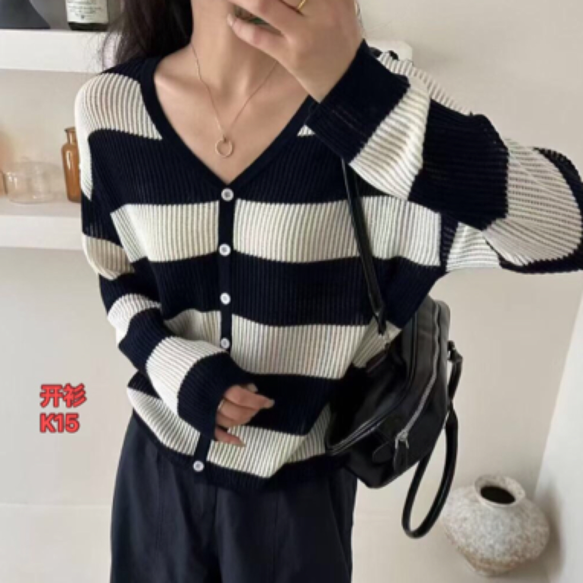 K15意凡条纹针织秋季常规款长袖毛针织衫上衣撞色针织衫休闲