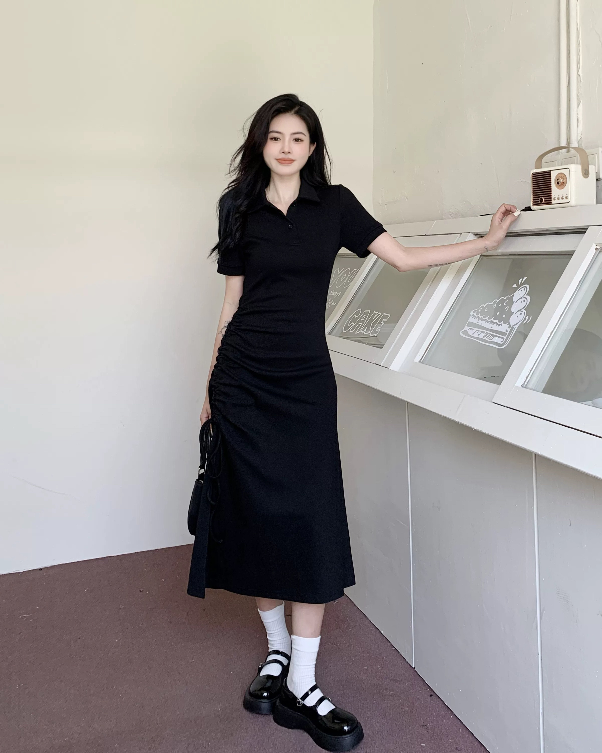 大码黑色polo连衣裙夏季胖mm遮肚收腰包臀修身显瘦长裙
