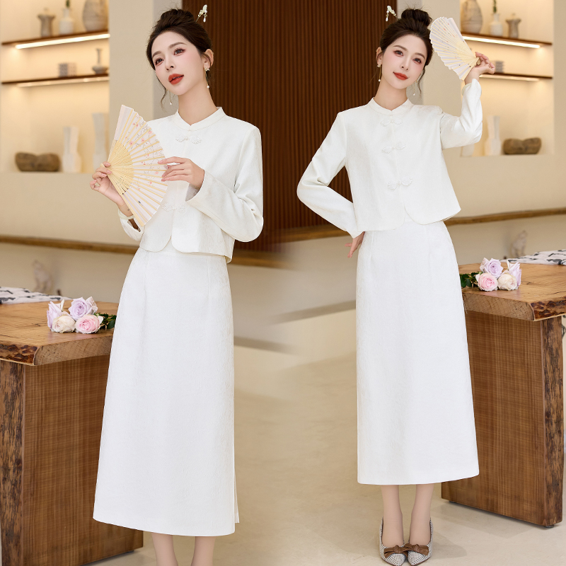 春季新款优雅复古提花两件套连衣裙 修身显瘦气质女装套装