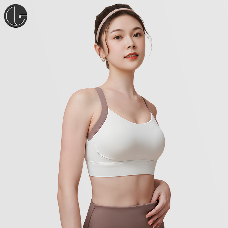 拼色交叉美背固定杯运动内衣高强度防震包副乳裸感bra小胸显大